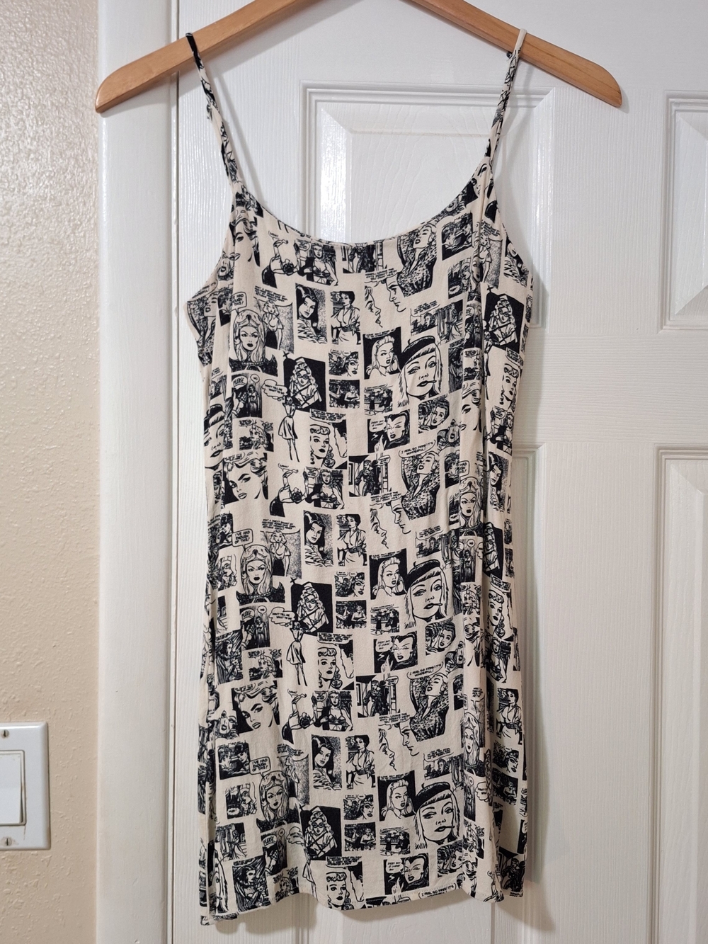 Reformation Cream and Black Comic Print Slip Dress Size 2